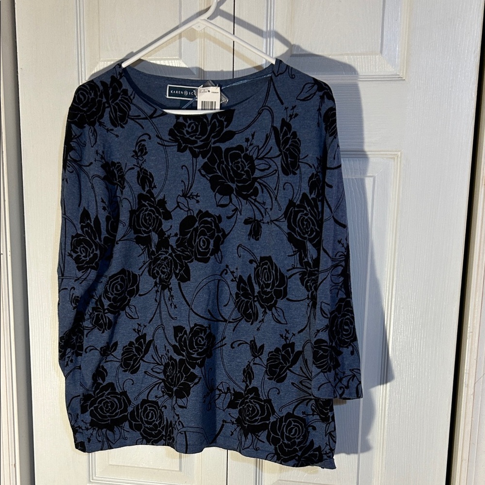 Karen Scott Women's Navy and Black Floral Long Sleeve Top